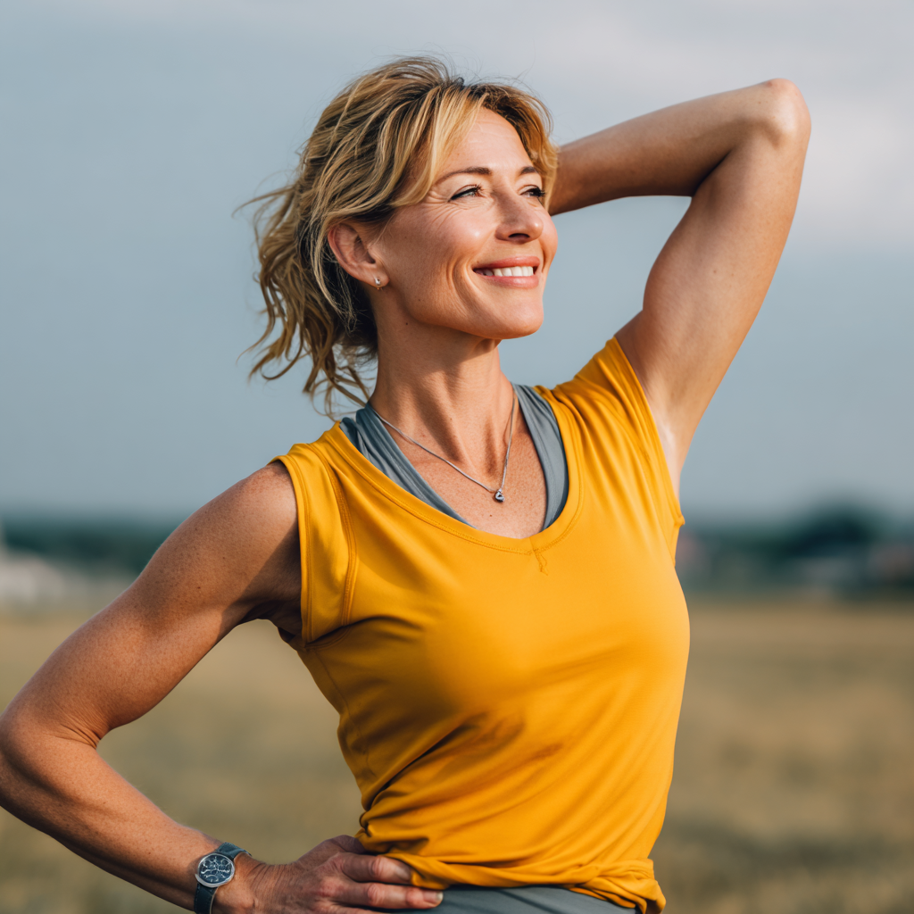 Smiling middle-aged Ukrainian man in athletic wear doing stretching exercises in a modern gym, showing strength and flexibility