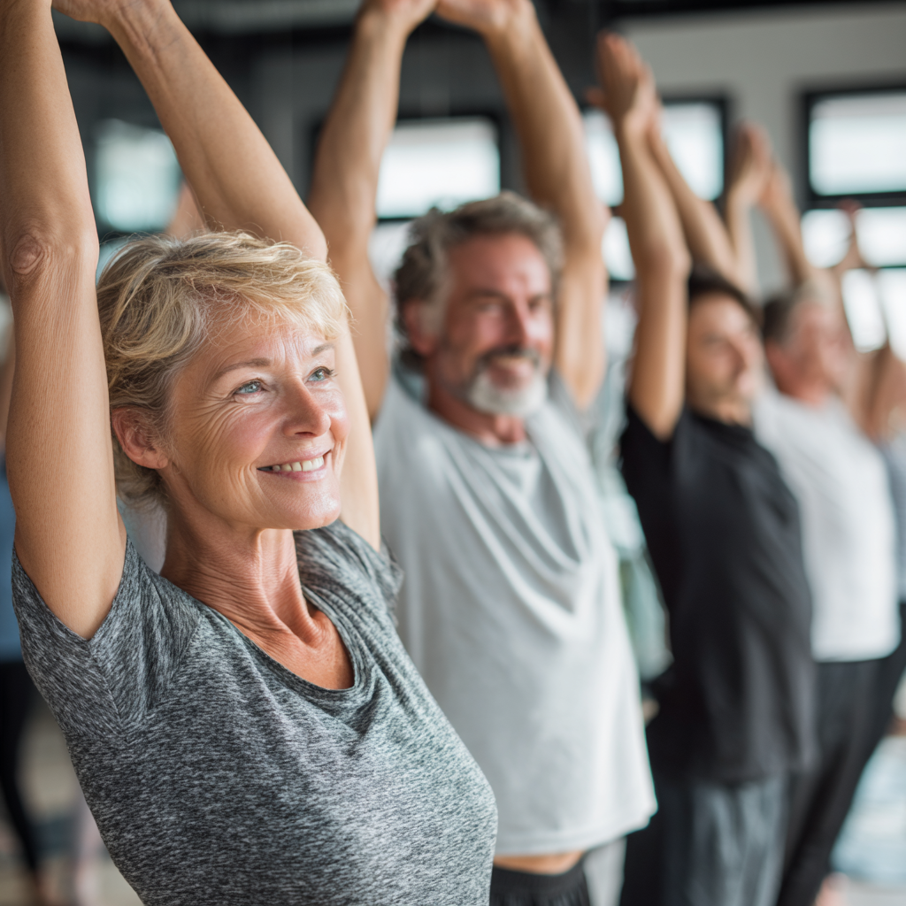 Smiling elderly Ukrainian woman demonstrating proper posture alignment during a fitness consultation session