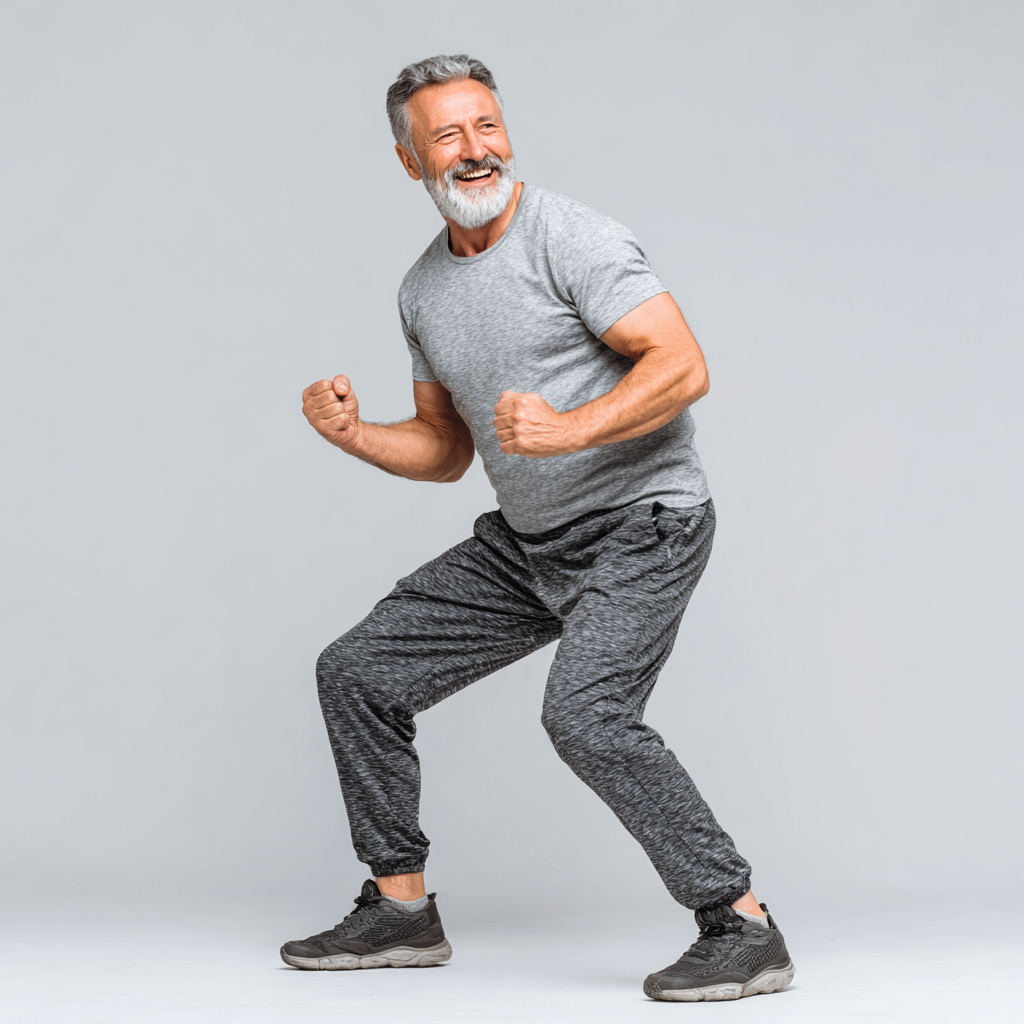 Group of smiling Ukrainian adults of various ages practicing gentle stretching exercises outdoors in a peaceful natural setting